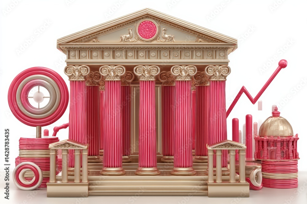 Poster a stylized architectural structure showcasing classical columns, adorned with vibrant colors and geo