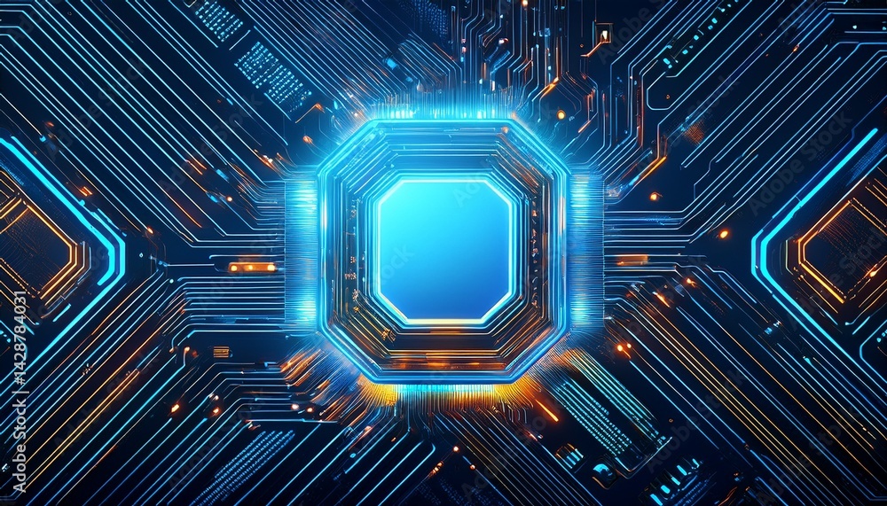 Poster science fiction supercomputer design futuristic high tech cpu circuit board digital technology backg