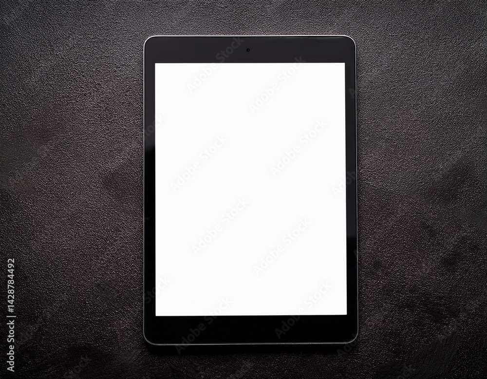 Poster tablet device on dark textured background with blank screen space
