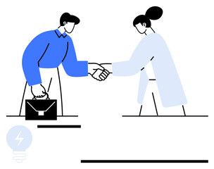 Two professionals shaking hands, one holding a briefcase, symbol of partnership, trust, teamwork. Ideal for collaboration, business, agreement negotiation teamwork partnership cooperation. Flat