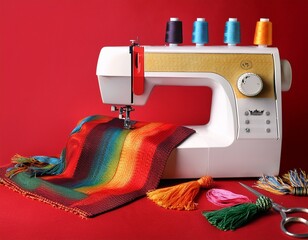 sewing machine with colorful fabrics and tassels on red background
