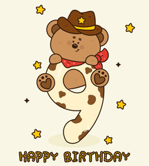 birthday number 9 with teddy bear cowboy happy party kawaii animal groovy style