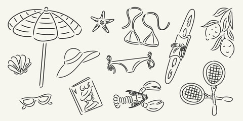 Hand drawn minimalist summer doodle set with beach umbrella, bikini, sun hat, lemons, seafood, tennis rackets. Perfect for vacation designs, prints, postcards, branding. Italian ink sketch dolce vita