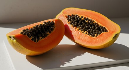 Papaya with Seeds Exposed on White Ceramic Board

