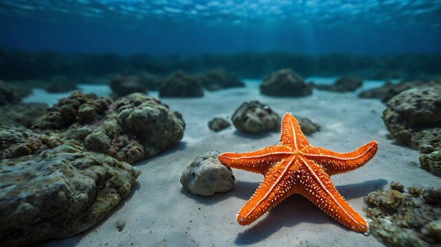 Striking Orange Starfish on the Seabed Amidst Rocks and Clear Blue Water, Perfect for Animal Wallpaper.