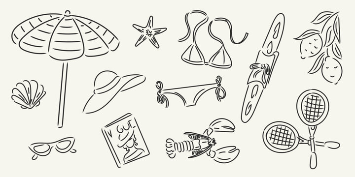 Hand drawn minimalist summer doodle set with beach umbrella, bikini, sun hat, lemons, seafood, tennis rackets. Perfect for vacation designs, prints, postcards, branding. Italian ink sketch dolce vita
