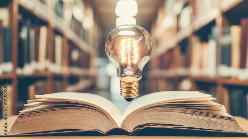Poster glowing lightbulb above open book in library, symbolizing knowledge and ideas.