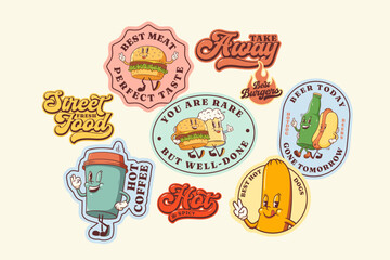 Groovy Burger Retro Character Stickers Set. Cartoon Hamburger, Hotdog, Coffee, Beer Walking and Smiling. Vector Street Food Mascot Templates Patches Collection Vintage Fast Food Illustrations Isolated