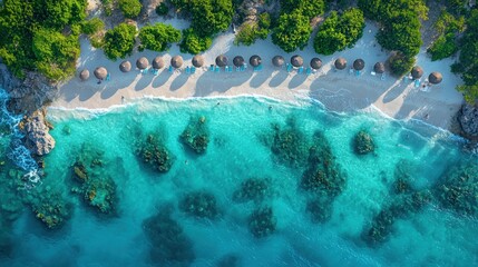 Obraz premium Aerial View of Tropical Beach with Turquoise Water and Umbrellas
