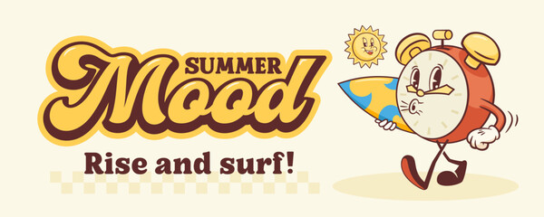 Summer Sunny Surfing Retro Cartoon Character Banner. Groovy Alarm Clock with Surf Board Illustration with Typography. Beach Personage Walking Smiling Vintage Vector Drawing Logo Poster Isolated