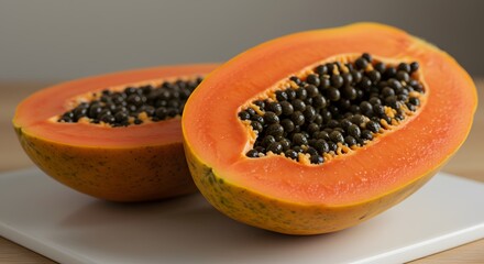 Papaya with Seeds Exposed on White Ceramic Board
