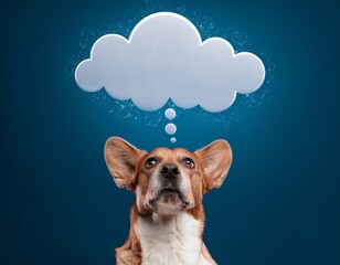 smart dog thinking while looking up with bubble cloud space