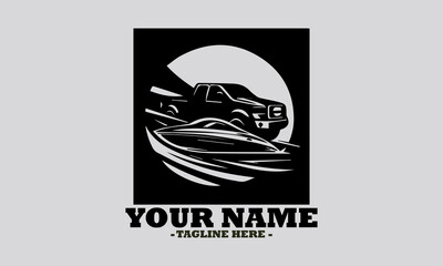 Simple monochromatic illustration depicting a speedboat on the water with a pickup truck on shore, suggesting transport. Nautical concept, speedboat and pickup vector design and logo design
