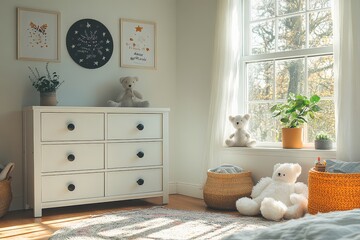 Fototapeta premium White modern metal double dresser with black handles, 4 drawers, minimalistic design, home decor, children's room, interior, storage, contemporary style, stylish furniture.