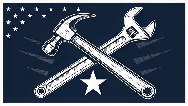 A hand-drawn wrench crossed with a hammer on a dark navy backdrop, perfect for Labor Day greetings.