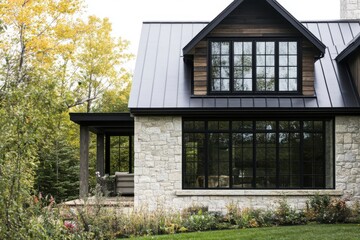 Beautiful modern stone house surrounded by lush trees and vibrant greenery in a serene setting ideal for relaxation and enjoying nature in the afternoon light