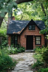 Charming brick cottage surrounded by lush greenery and a stone pathway in a tranquil garden setting captured during daylight hours