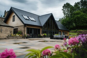 Modern cottage with sleek design and lush garden situated in a tranquil rural setting under a cloudy sky, showcasing vibrant flowers and a spacious patio for relaxation and gatherings