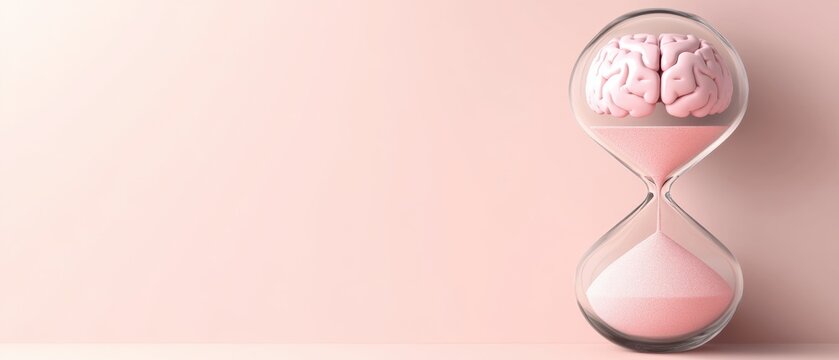 Conceptual hourglass with brain and sand flowing, symbolizing time management, cognitive decline, memory loss, and aging process on pink background