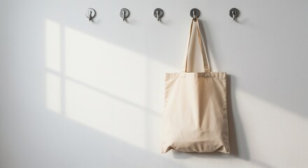 Beige tote bag hanging on hooks with sunlight casting shadows  