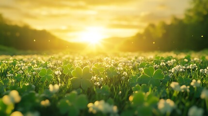 Fototapeta premium Golden Hour Clover Field: A Serene Sunset Landscape