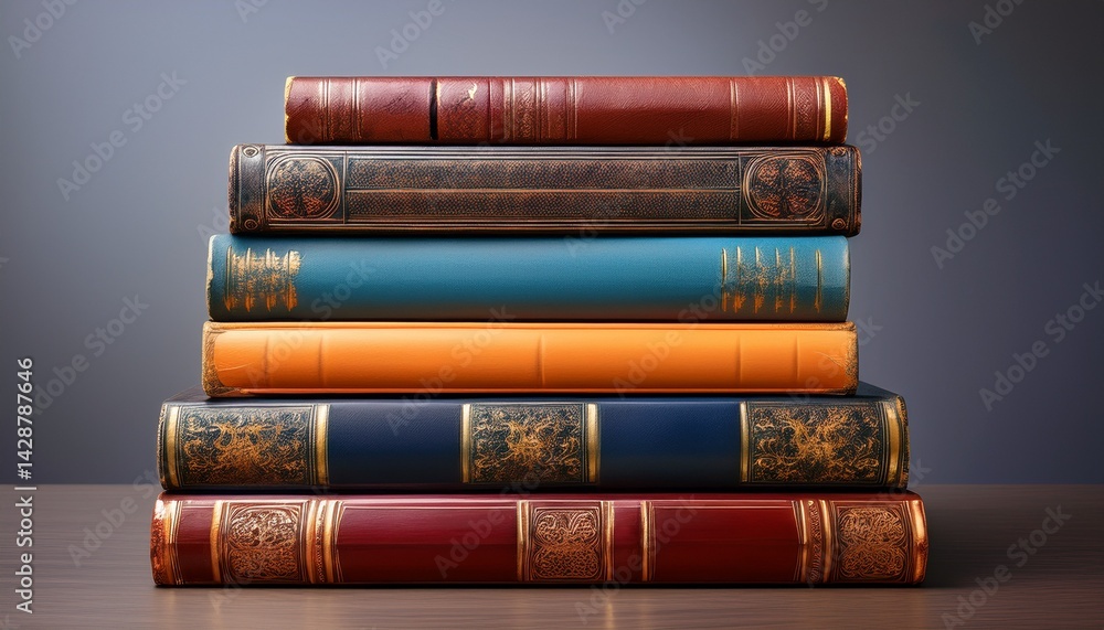 Poster stack of vintage books with colorful spines displayed on a neutral background