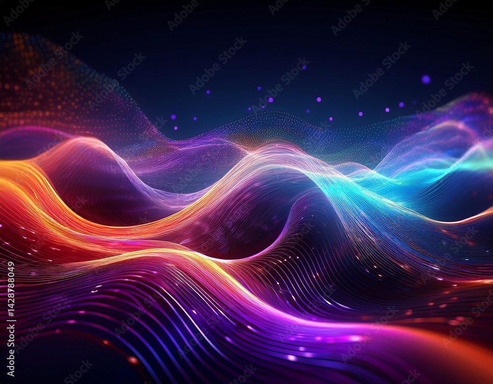 Poster stunning abstract waves with glowing particles in vibrant neon colors creating a mesmerizing digital