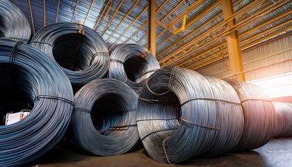 steel wire rod coils stacked in warehouse storage and logistics in metal industry