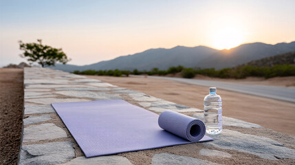 peaceful outdoor space with yoga mat and water bottle, set against serene backdrop of mountains and sunset. This tranquil scene invites relaxation and mindfulness