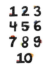 Cute set collection Numbers wall art poster 1 2 3 road map street with colourful cars doodle crayon watercolour kids illustration learn counting count birthday party age clipart print