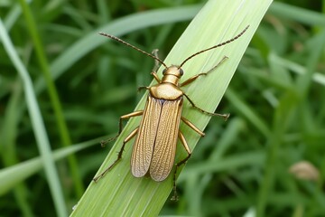 Golden Insect on Green Leaf Macro Photography