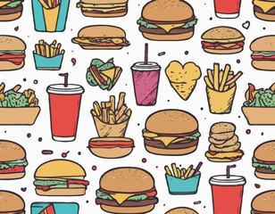 Whimsical assortment of colorful fast food doodles including burgers sandwiches fries drinks and desserts on a clean white background ideal for menu designs.