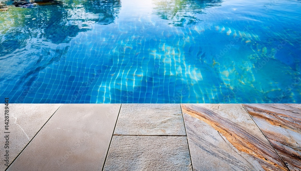 Aufkleber summer pool background empty space on the pool edge marble stone tiles and blurred swimming pool in 