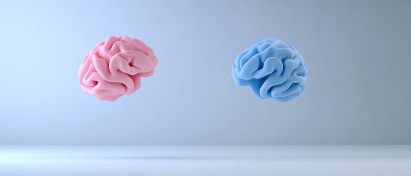 Conceptual pink and blue brain hemispheres floating in a clean studio, representing gender differences, psychology, and mental health