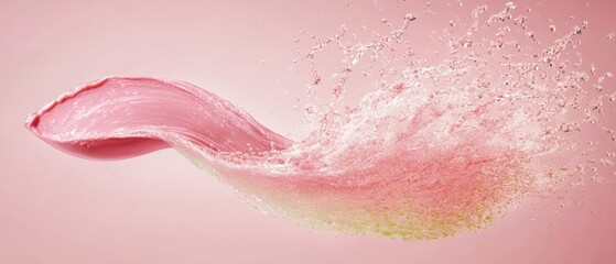 Obraz premium Pink liquid splash with water droplets in dynamic motion against a soft pink background Concept of freshness, beauty, and fluidity
