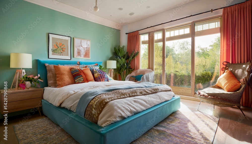 Poster this eclectic bedroom design features a comfy bed with inviting linens plush pillows and a bright wi