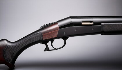 the matte black shotgun with a sawed off barrel is displayed on a pale background exuding raw power and precision