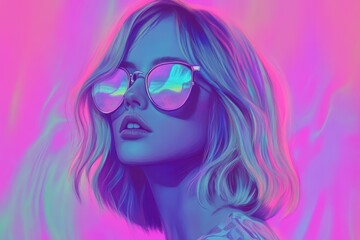 Radiant woman in vibrant shades, reflective sunglasses.