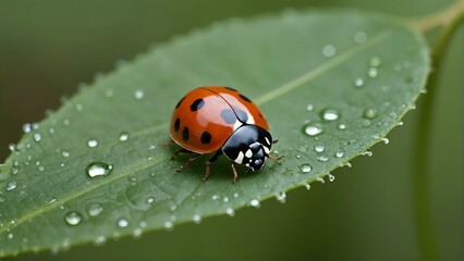 A ladybug crawling on a dewy leaf