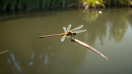 A dragonfly over a calm pond, soft sunlight
