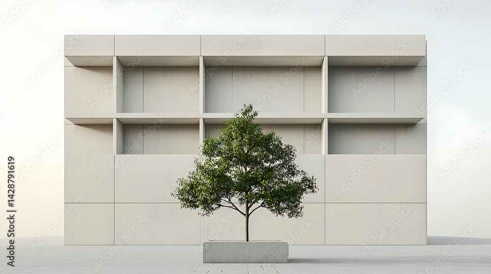 Poster modern concrete building with a single tree