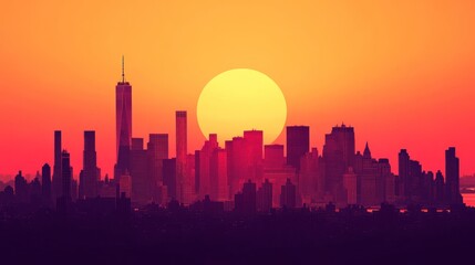 Naklejka premium Manhattan Sunset: A Vibrant Silhouette of the City Skyline at Dusk