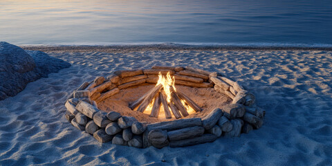 Beach bonfire pit ready for evening gatherings under the stars by the water