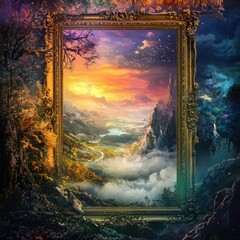 Ornate Gold Frame Enclosing a Fantastical Landscape Painting with Sun-Drenched Valley Majestic Castle Misty Mountain and Winding Road