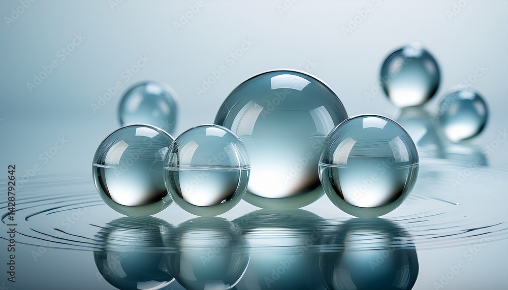 Poster transparent glass spheres floating on a clean minimalist surface creating a reflective and compositi