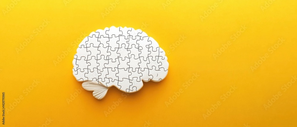Poster brain puzzle on yellow background representing mental health, problem solving, and cognitive functio