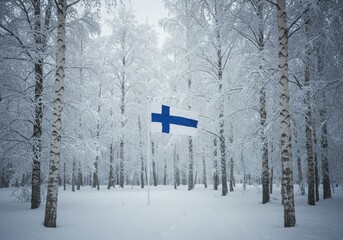 Finland Flag Snowy Forest Birch Trees Winter Background