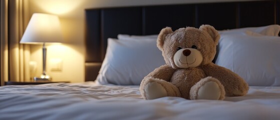 Teddy Bear on a Bed in a Hotel Room