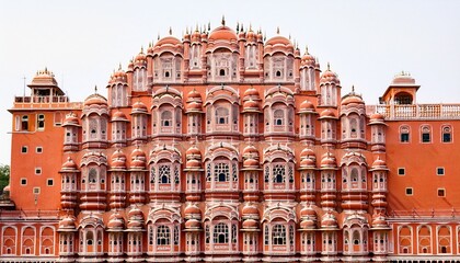 vibrant jaipurrs hawa mahal with intricate pink sandstone facade on white background