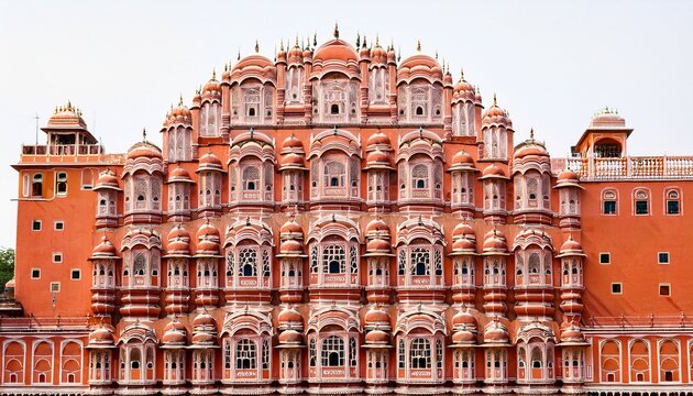 vibrant jaipurrs hawa mahal with intricate pink sandstone facade on white background
